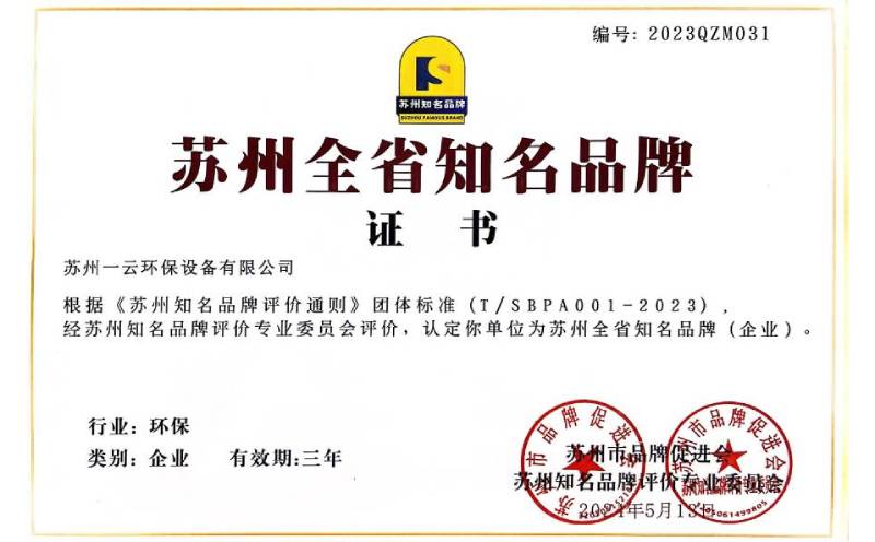 苏州全省知名品牌证书